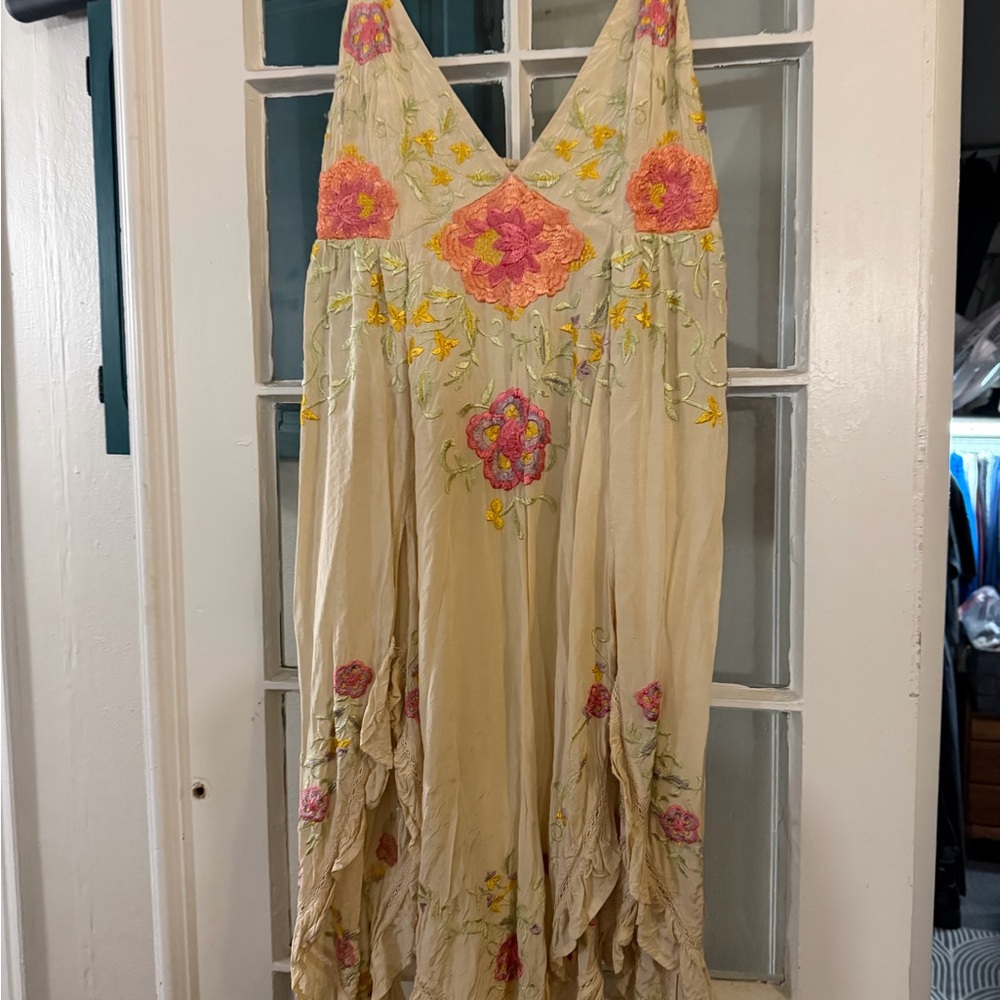 Free People Beige Tunic with Pink and Yellow Embroidery